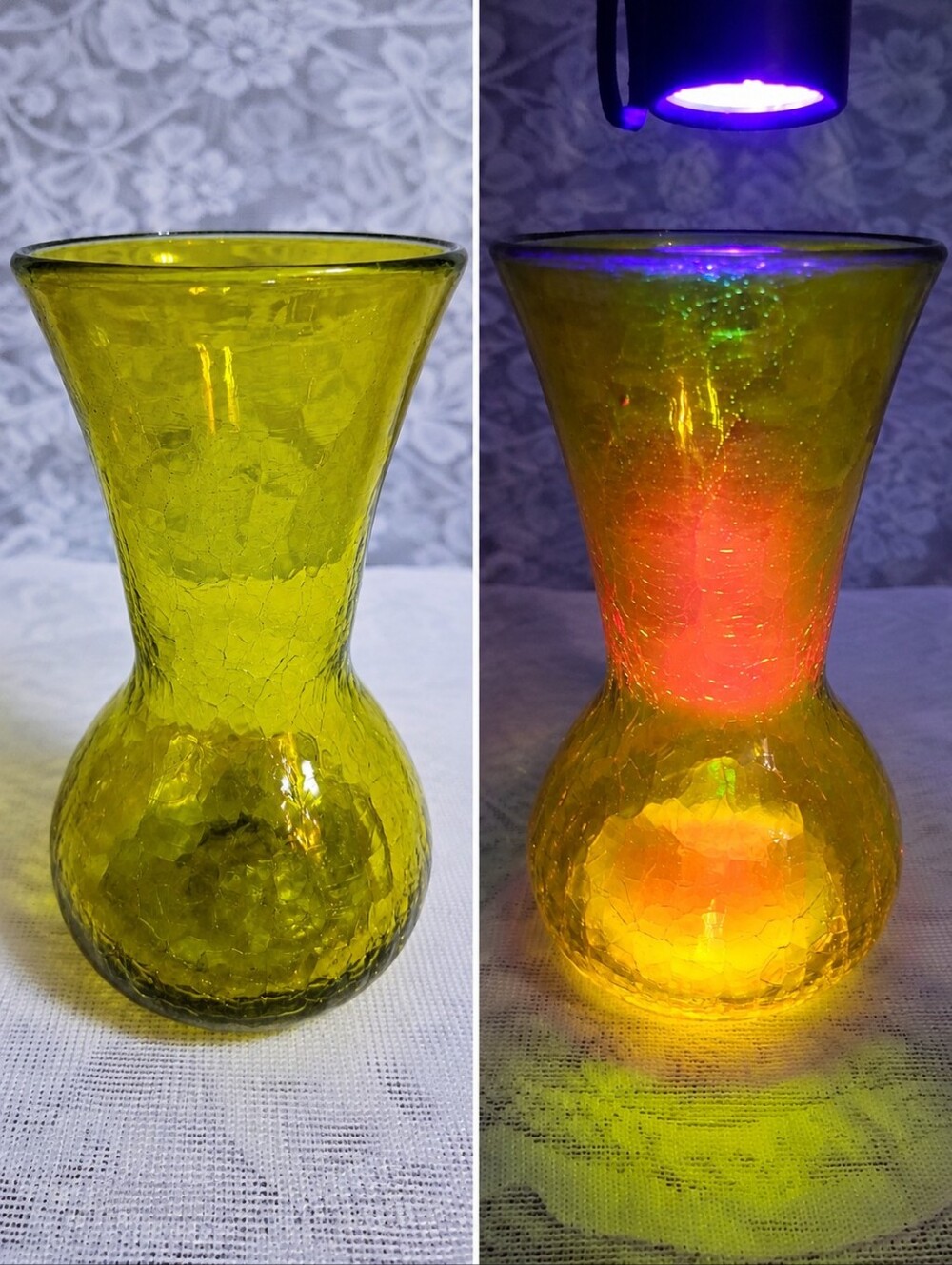 Vintage MCM Chartreuse Crackle Glass Vase 5.5" UV Reactive Mid-century Yellow